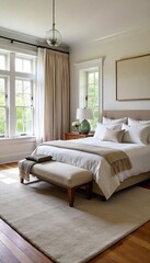 Luxurious Oversized Brown Rug Transforms Serene Master Bedroom, Adding Warmth and Texture to Hardwood Floors, Creating a Cozy and Sophisticated Retreat