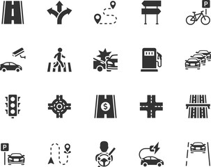 Vector set of road flat icons. Contains icons crosswalk, traffic light, accident, intersection, roundabout, driver, highway, parking, traffic jam and more. Pixel perfect.