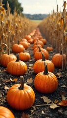 Harvested Jack-o-Lanterns Scattered in Autumn Cornfield  A Festive Halloween and Thanksgiving Decoration Scene