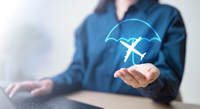 travel, insurance, planning, coverage, medical, cancellation, A person holding a holographic airplane and umbrella icon, representing travel insurance, medical coverage, and global trip protection.