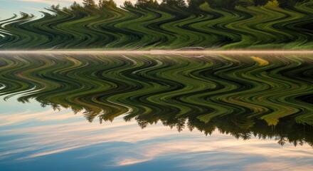 A serene lake with a reflection of green trees and a cloudy sky.