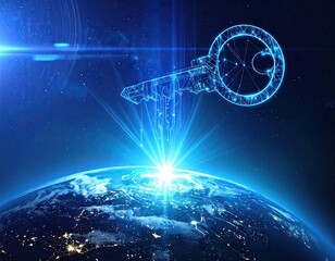 Digital Security Key on Earth Globe with Blue Cyber Network Abstract Background, Glowing Cities and Lines, Digital Transformation Concept