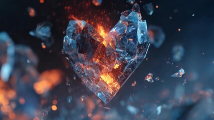 Cracked crystal heart glowing with fire inside, surrounded by icy shards, on a dark background. Concept of contrast, conflict, heartbreak - Powered by Adobe