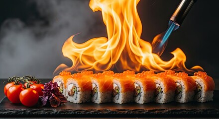 Fiery Sushi Roll Preparation with Culinary Torch