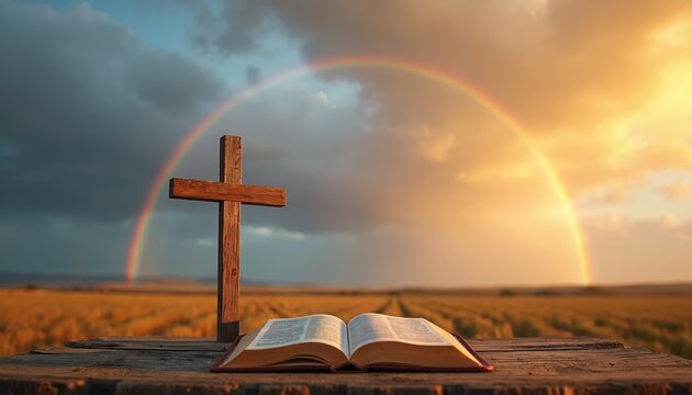 Wooden cross and open bible sit on rustic table before vibrant double rainbow in sky. Golden hour light shines on field, representing faith hope and divine promise. Christian themes.