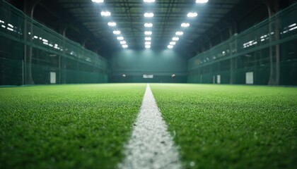 Indoor cricket pitch with artificial turf and bright overhead lights. Nets line the expansive sports facility, perfect for practice. Athletes train here for skill development and matches.