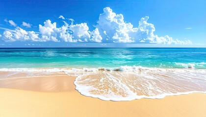 Digitally Rendered Beach Scene Featuring Golden Sand Azure Water and Cumulus Clouds Under a Bright Blue Sky with Pixelation Effect