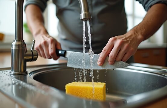 Man rinses large kitchen knife under running water in sink. He holds tool carefully, preparing for cleaning with yellow sponge. Daily household chore after cooking meal.