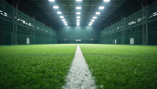 Indoor cricket pitch with artificial turf and bright overhead lights. Nets line the expansive sports facility, perfect for practice. Athletes train here for skill development and matches.