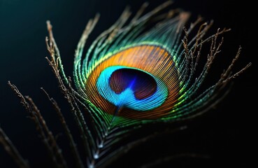 Obraz premium Close up of a peacock feather eye in darkness. Vibrant blue green and gold iridescent colors shine brightly against black background. Intricate pattern detail visible on this exotic bird quill.