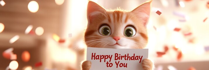 Cute ginger kitten holding happy birthday sign celebrating event