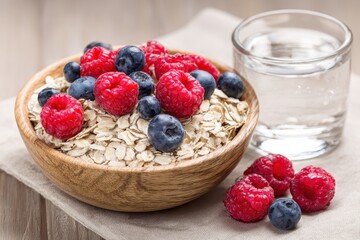 Wooden bowl of oats and berries with a glass of water