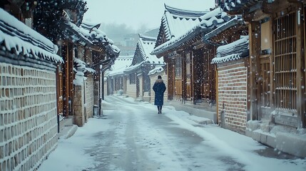 Snowy Alleyway in Historic Village with Traditional Architecture and Winter Scenery © lertputhai