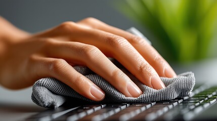 Close-up of a hand cleaning a black keyboard with a gray cloth