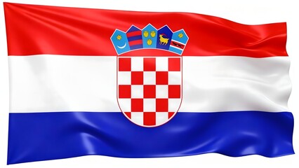 Photorealistic image of the flag of Croatia with red, white, and blue stripes, and the Croatian coat of arms in the center. Isolated on a white background.