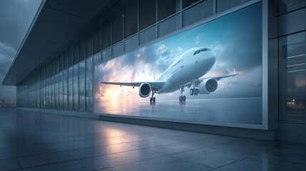 Commercial airplane appearing on large digital advertising billboard