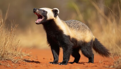 Fierce honey badger vocalizes in red earth savanna during daytime natural light. Wild mammal animal portrait with open mouth shows powerful resilience and bold fearlessness.