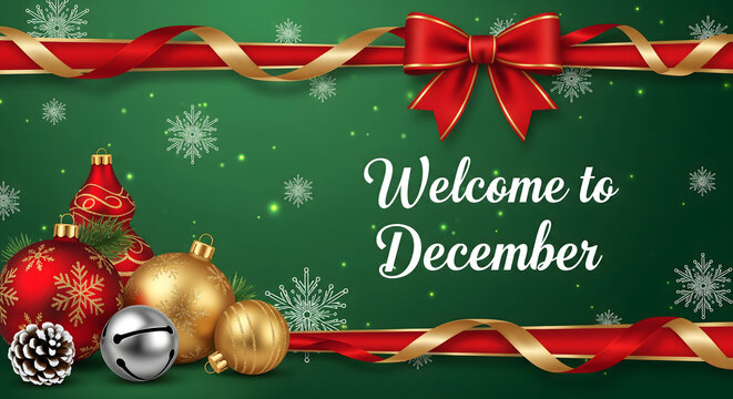 Festive December greeting with ornaments, ribbons, and snowflakes on a green background