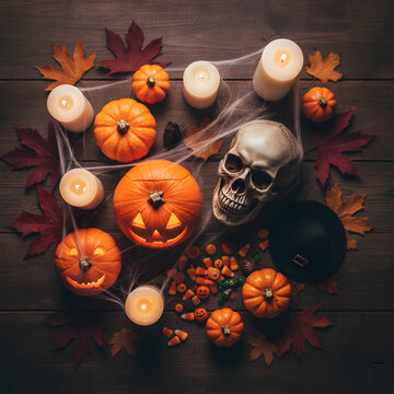 Spooky Halloween Flat Lay Composition with Jack-o'-Lanterns, Skull, and Autumn Leaves