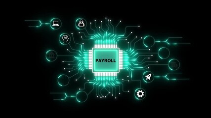 Digital payroll processing circuit board glowing neon green lines connecting to central processor , Futuristic payroll processing tracks digital data, Glowing green circuits enhance finance. - Powered by Adobe