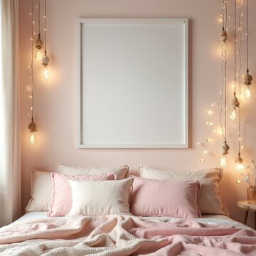 Empty white frame hangs over soft pink bed with plush pillows and cozy blanket. Fairy lights and pendant lamps add warm glow to whimsical girls bedroom interior. Cozy setup for sleep and relaxation.
