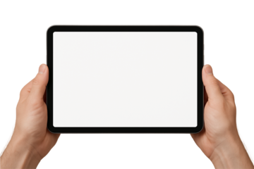 Hands holding digital tablet horizontally, PNG transparent background