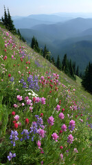 Obraz premium filled with wildflowers and mountains in distance under bright clear sky