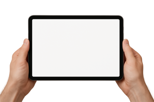 Hands holding digital tablet horizontally, PNG transparent background