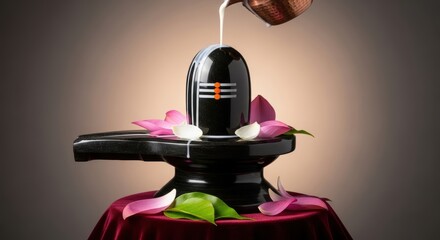 Black Shiva Lingam Being Poured with White Liquid on Red Cloth