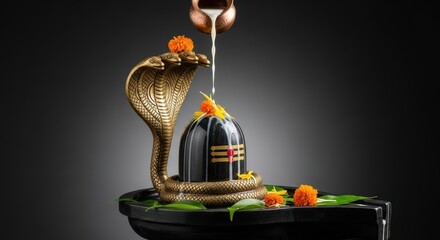 Religious Offering Black Stone Statue with Golden Snake and Milk