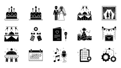 Collection of event icons including cake, wedding, gifts, calendar, and stage setup