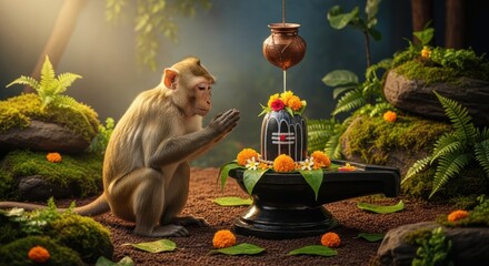 Praying Monkey Near Religious Stone with Flowers in Natural Setting