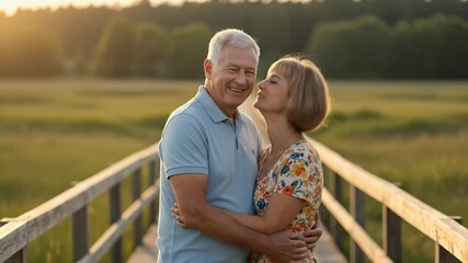 Elderly Couple Hugging on Wooden Bridge at Sunset Golden Hour