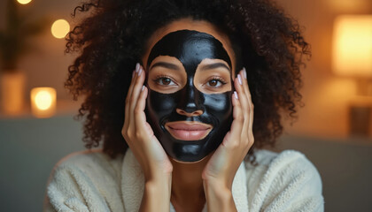 Young Black woman applies black charcoal face mask for skin care. Relaxes at home beauty routine. Female enjoys spa treatment, self-care for healthy glowing skin in cozy room with soft lights.