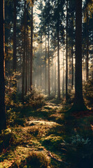 Fototapeta premium breaking through forest fog creating peaceful glowing atmosphere