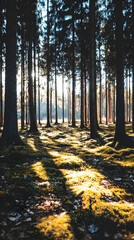 breaking through forest fog creating peaceful glowing atmosphere