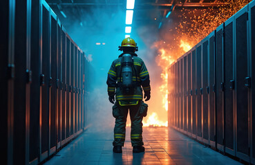 Firefighter enters burning data center with server racks aflame. Smoke fills aisle as flames erupt near computer equipment. Heroic rescuer combats datacenter fire emergency, protects servers,