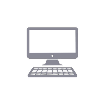 Gray desktop computer icon with monitor and keyboard flat vector illustration