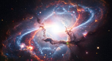 A vibrant, colorful nebula with swirling patterns and a bright central point of light, set against a dark, star-studded background.