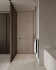 Contemporary bathroom entrance with minimalist wooden and stone design, simple clean lines, and warm lighting.