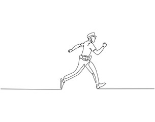 Obraz premium Continuous line drawing of police man. Single line illustration of police officer running. Police profession concept. Editable outline