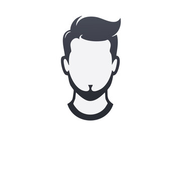 Stylized faceless man, male head with beard, dark hair icon, vector person for avatar or profile, isolated on white