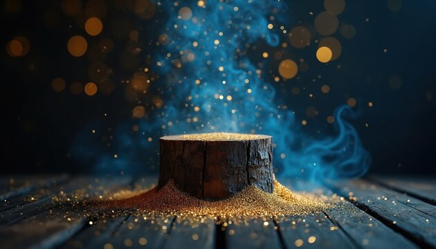 Dark rustic wood stump platform with golden glitter dust, wispy blue smoke rising. Bokeh lights create magical, mystical atmosphere ideal for product display fantasy themes. Wood texture visible.