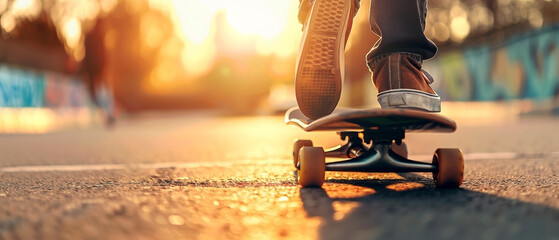 A skateboarder glides on a city street at sunset