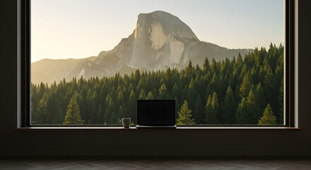 숲이 보이는 창가에서 맞이하는 여유로운 하루. 노트북과 커피 그리고 자연이 주는 한가로움.