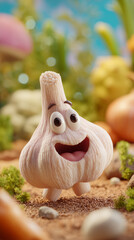 3D Cartoon Garlic Character with Expressive Eyes and Wide Smile Standing on Sandy Ground Among Vegetables and Plants in a Vibrant Green and Yellow Setting. Playful Food Illustration, 9x16, Copy Space.