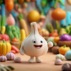 Cute 3D Cartoon Garlic Character Smiling Among Colorful Fruits and Vegetables in a Vibrant, Playful Setting with Copy Space – Adorable Food Illustration for Healthy Lifestyle or Organic Concept