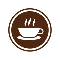 Obraz premium Steaming coffee cup and saucer icon in a brown circle sign for a cafe or coffee shop
