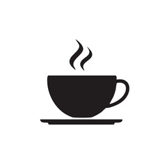 Obraz premium Simple black silhouette icon of a steaming hot coffee cup on a saucer