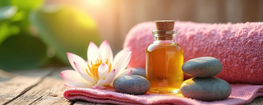 Essential spa items oil bottle, smooth stones, pink towel, lotus flower on wood. Natural setup creates serene wellness scene for therapy, relaxation. Warm sunlight enhances tranquil atmosphere.